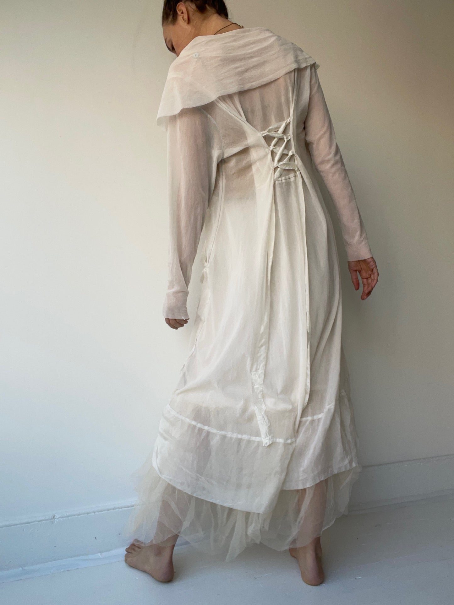long mesh lace up duster