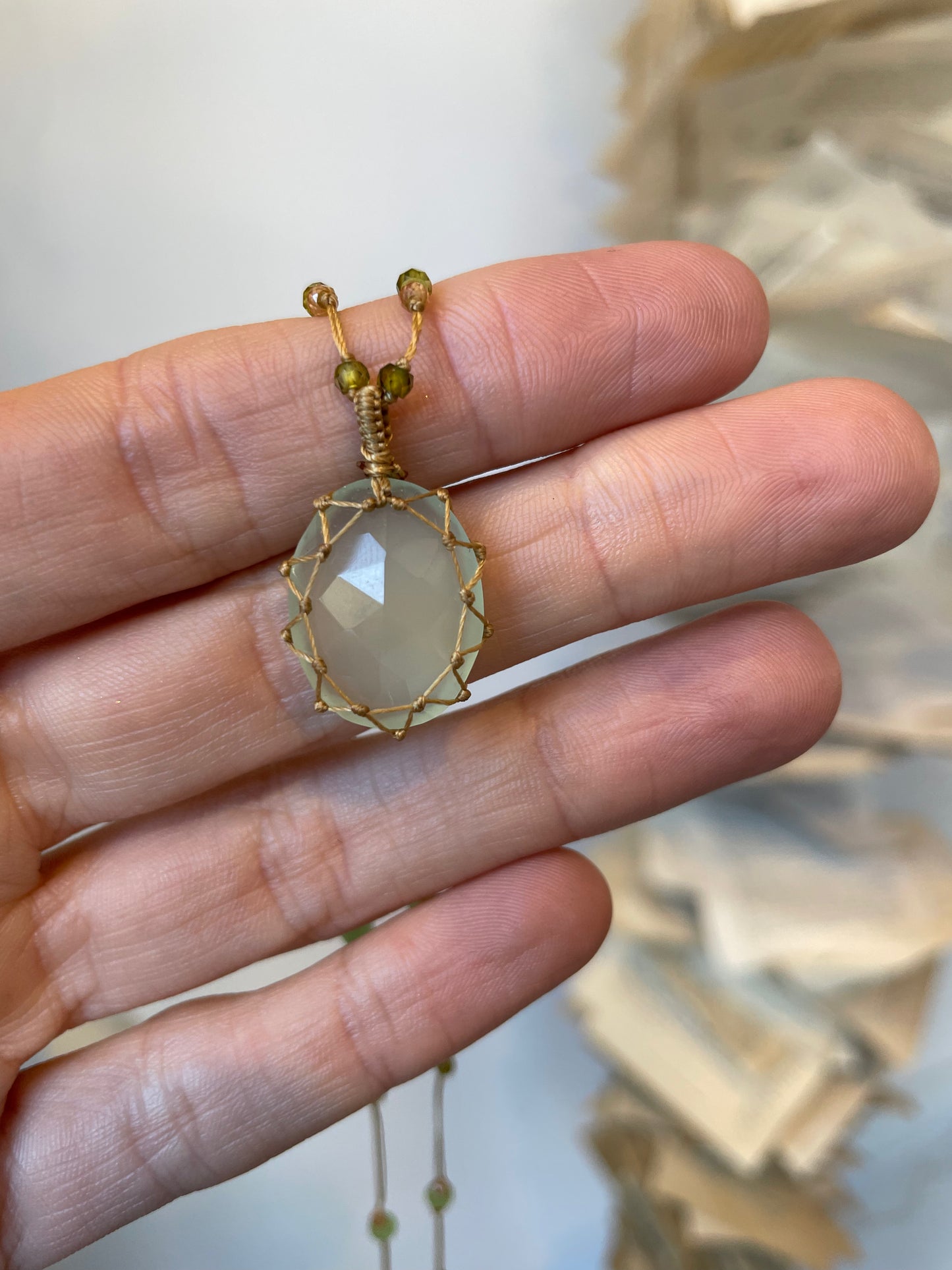 a light green prehnite pendant necklace by sharing