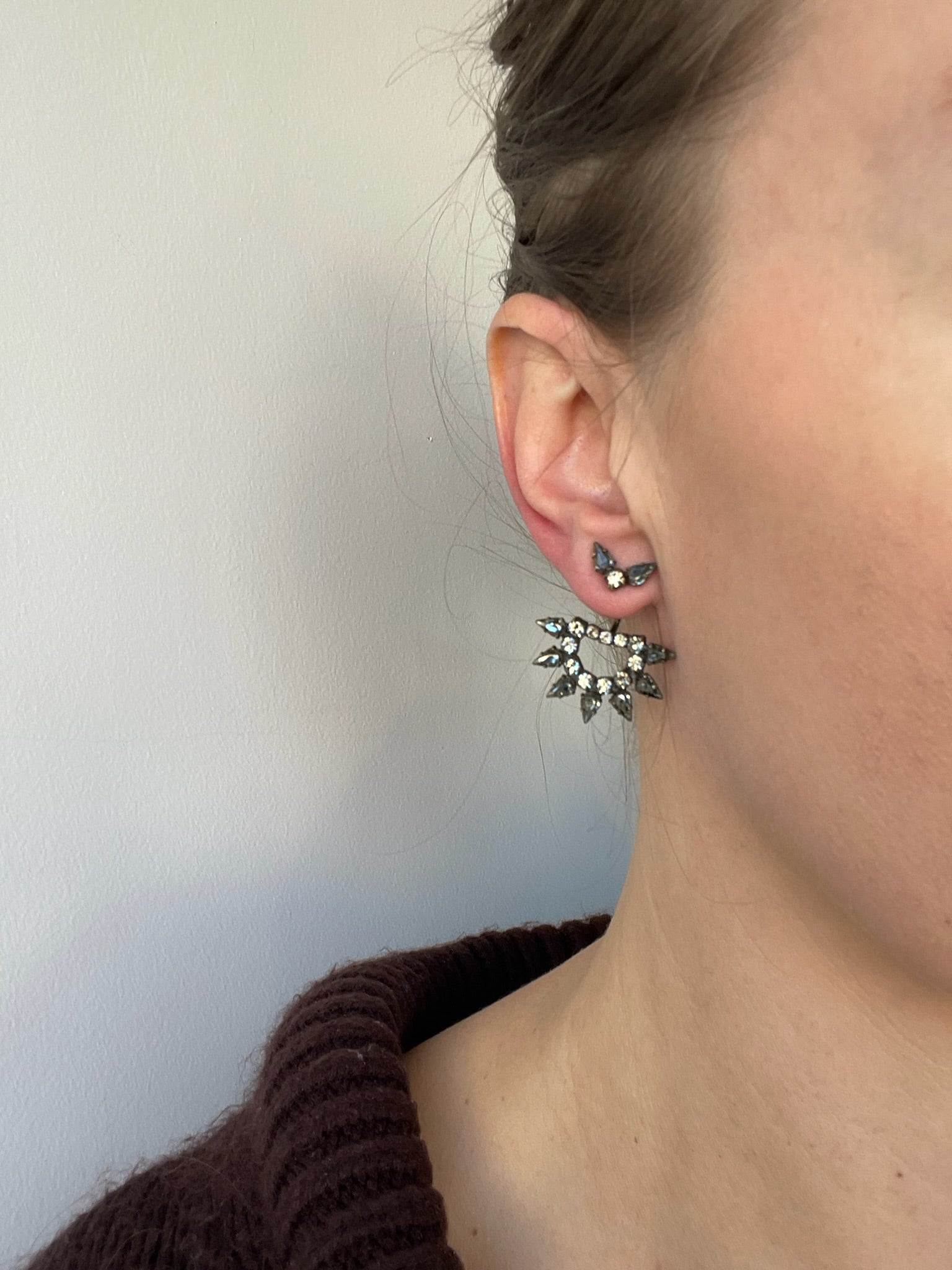 Ear jacket style earrings with swarovski crystals in fan shape