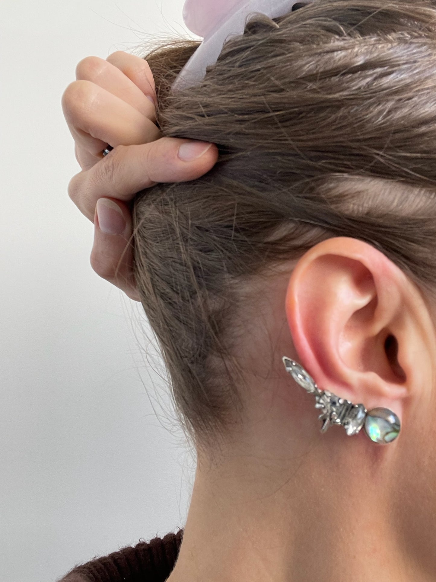 Unique ear climber style earrings featuring natural abalone and swarovski crystals