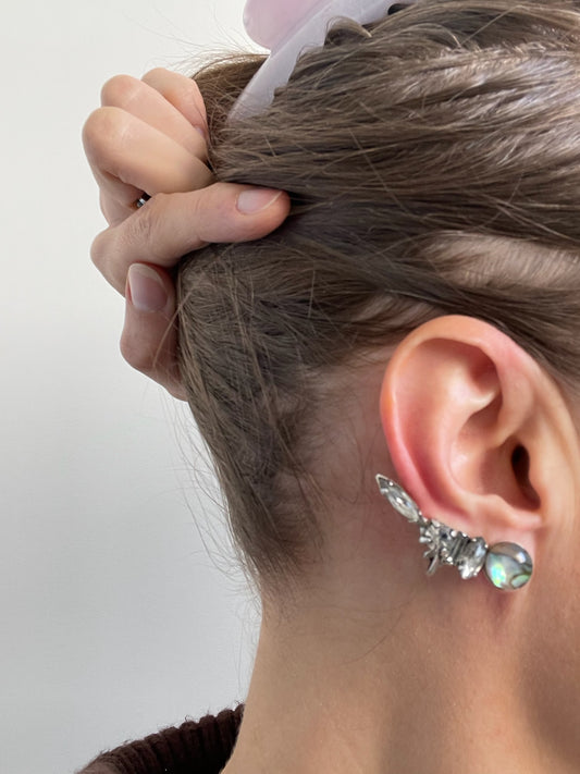 Unique ear climber style earrings featuring natural abalone and swarovski crystals