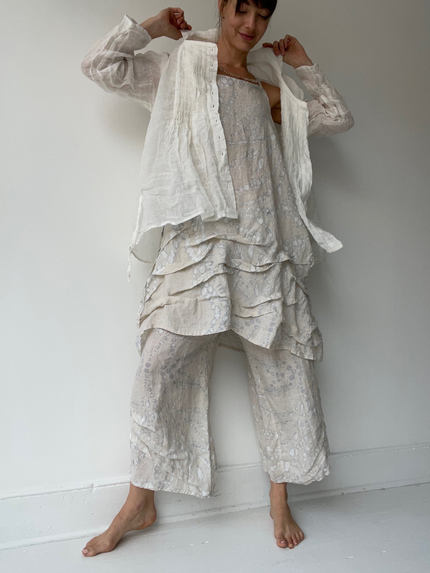 a krista larson cream licorice shirt with 100% linen gauze