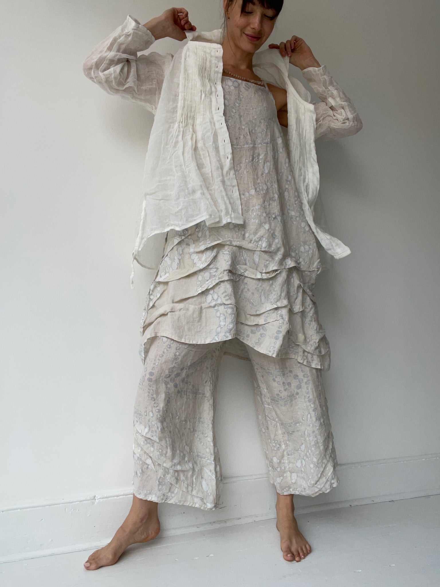 a krista larson cream licorice shirt with 100% linen gauze