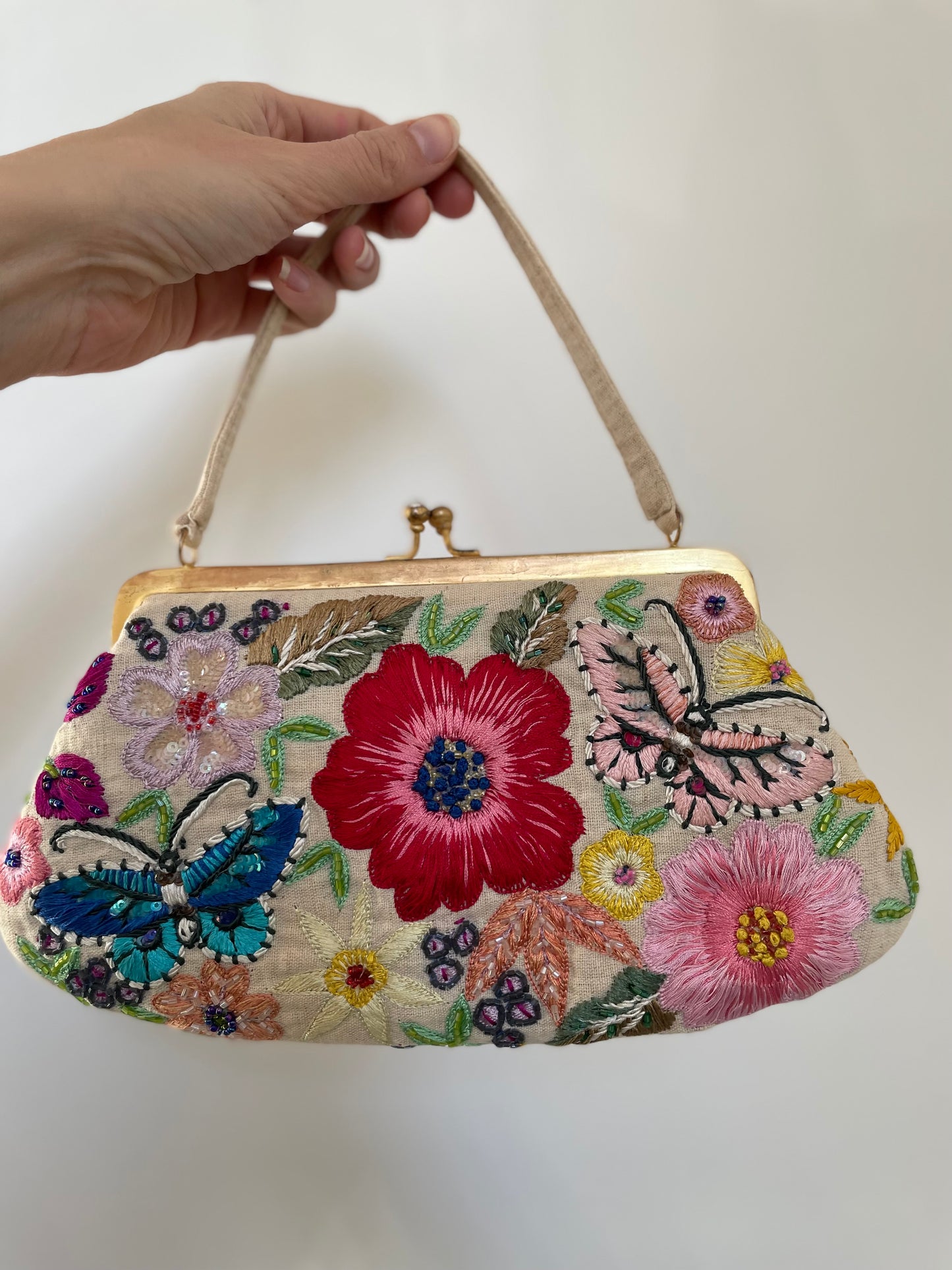 multicolored beaded and embroidered vintage purse with butterflies and flowers