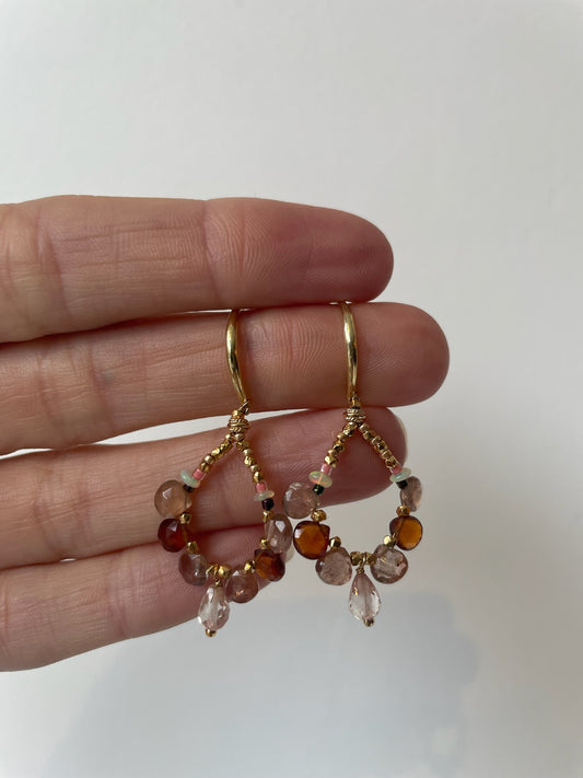gold and multicolor beaded dangly earrings 