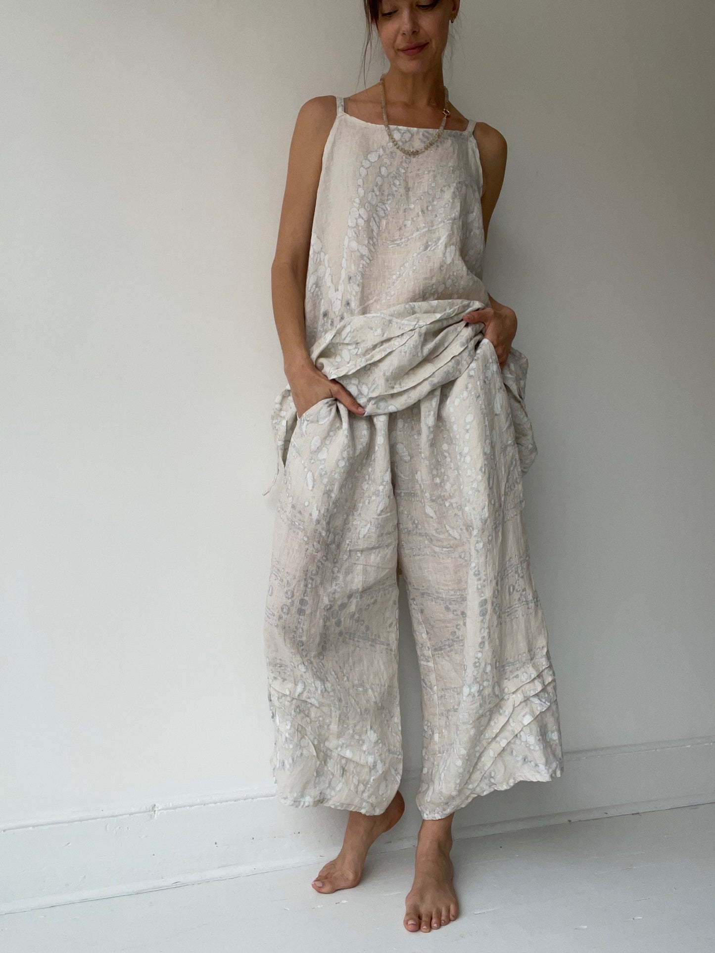 a krista larson batik basic detail pants with 100% printed linen