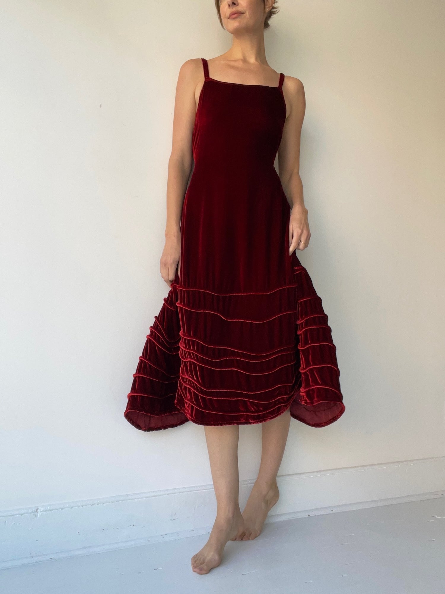 a krista larson long spring slip vermillion velvet with silk/rayon velvet