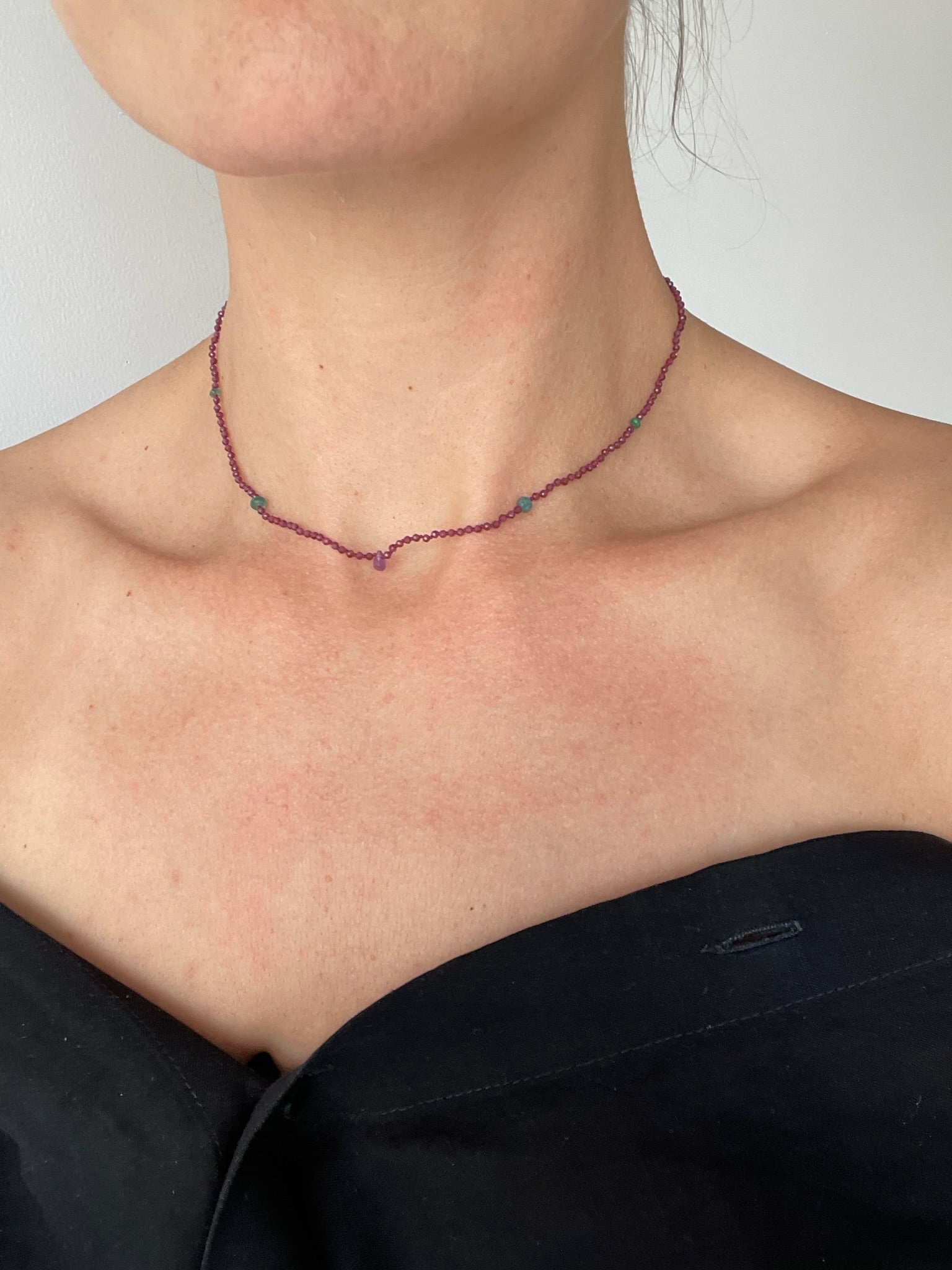an antomoon teardrop necklace #4 with vintage venetian beads, ruby, emerald