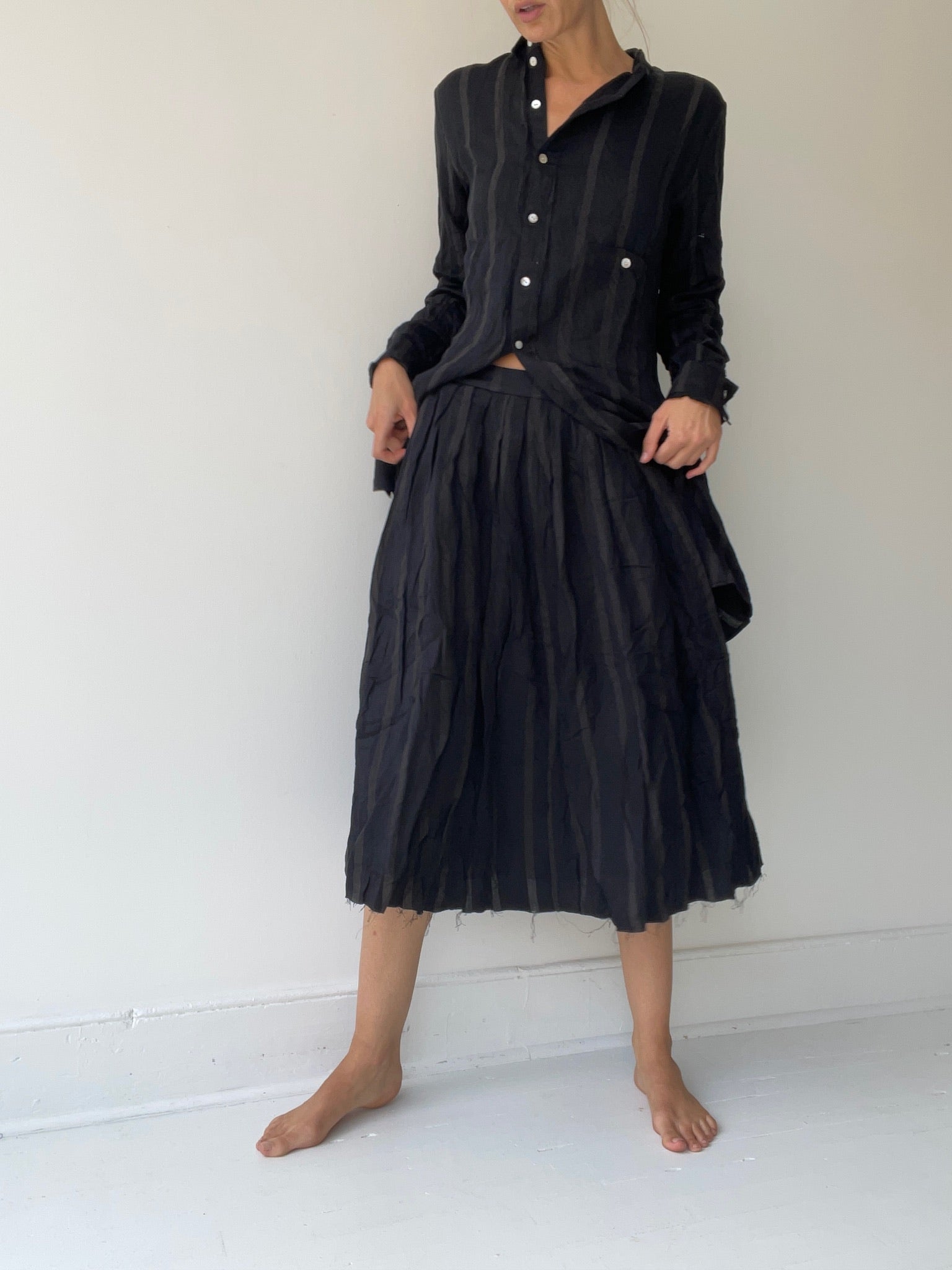 an aleksandr manamïs washed stripe plissè skirt with 50% linen/45% bamboo/5% polyester