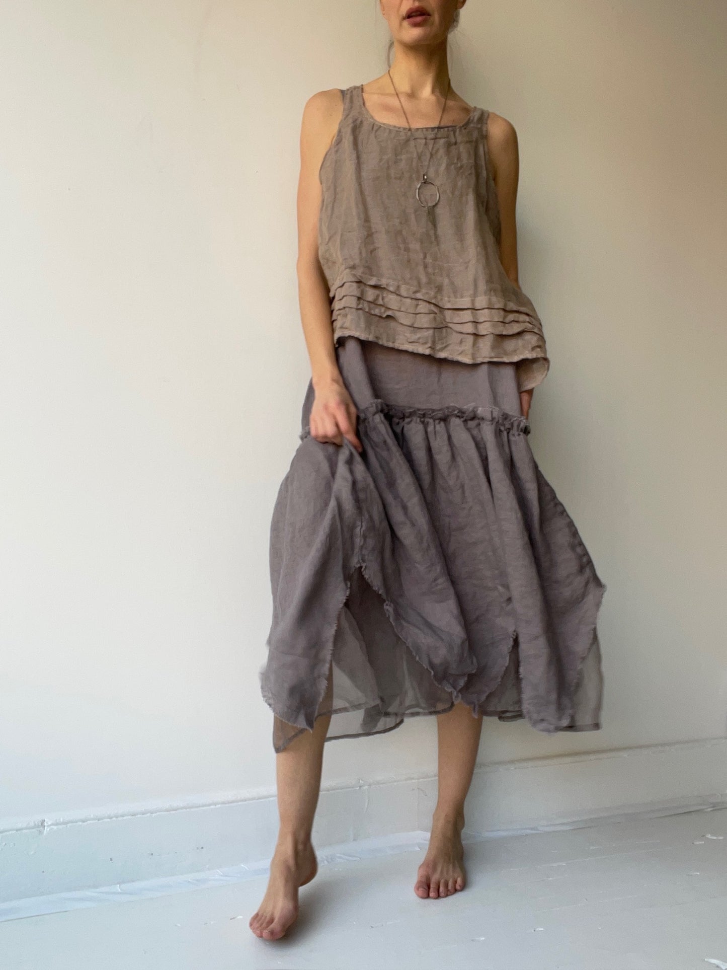 a basic detail tank top by krista larson linen gauze oat cross one