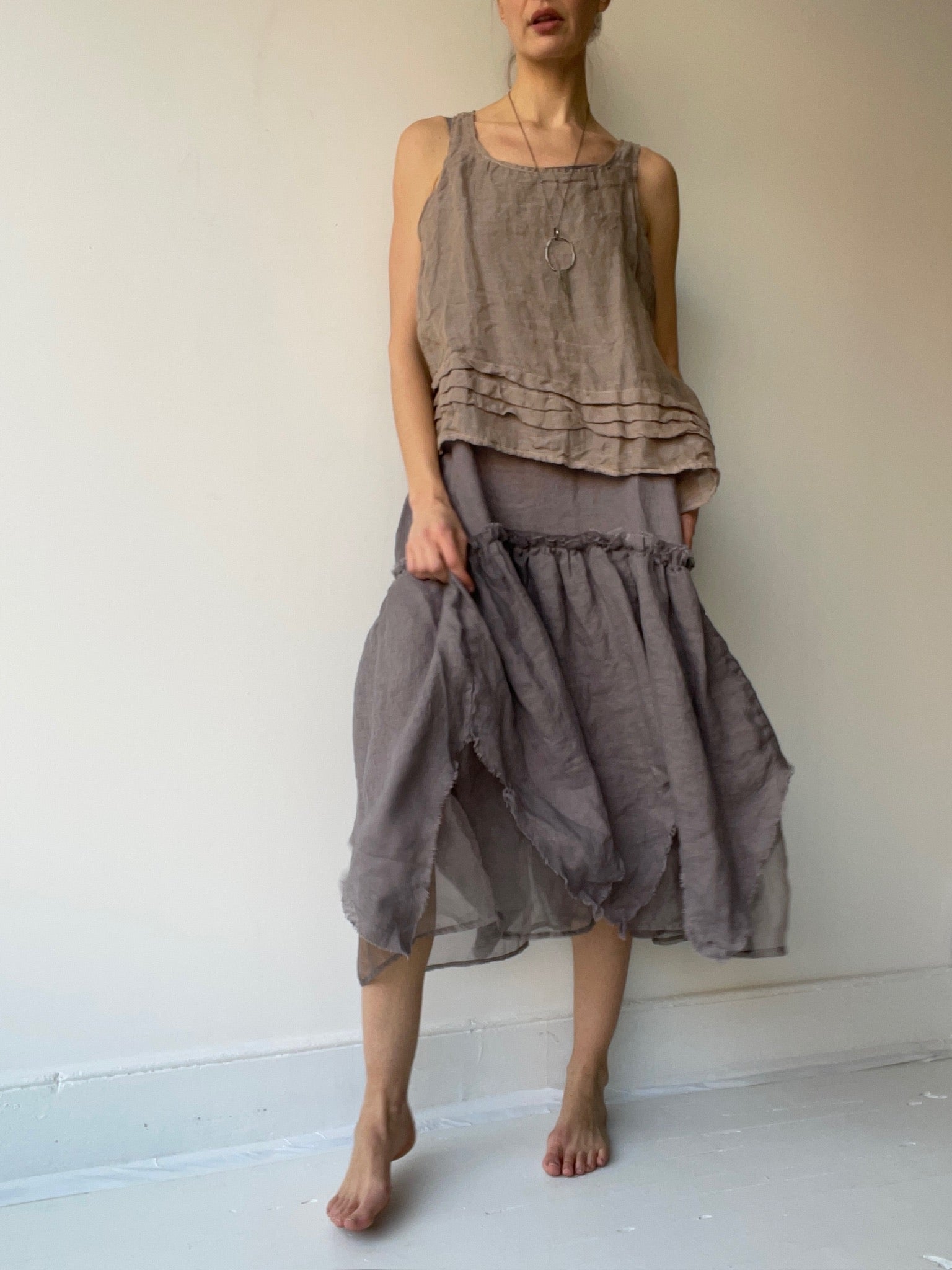 a basic detail tank top by krista larson linen gauze oat cross one