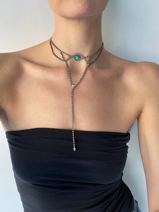 Choker necklace featuring plated brass chain covered in swarovski crystals, opalite