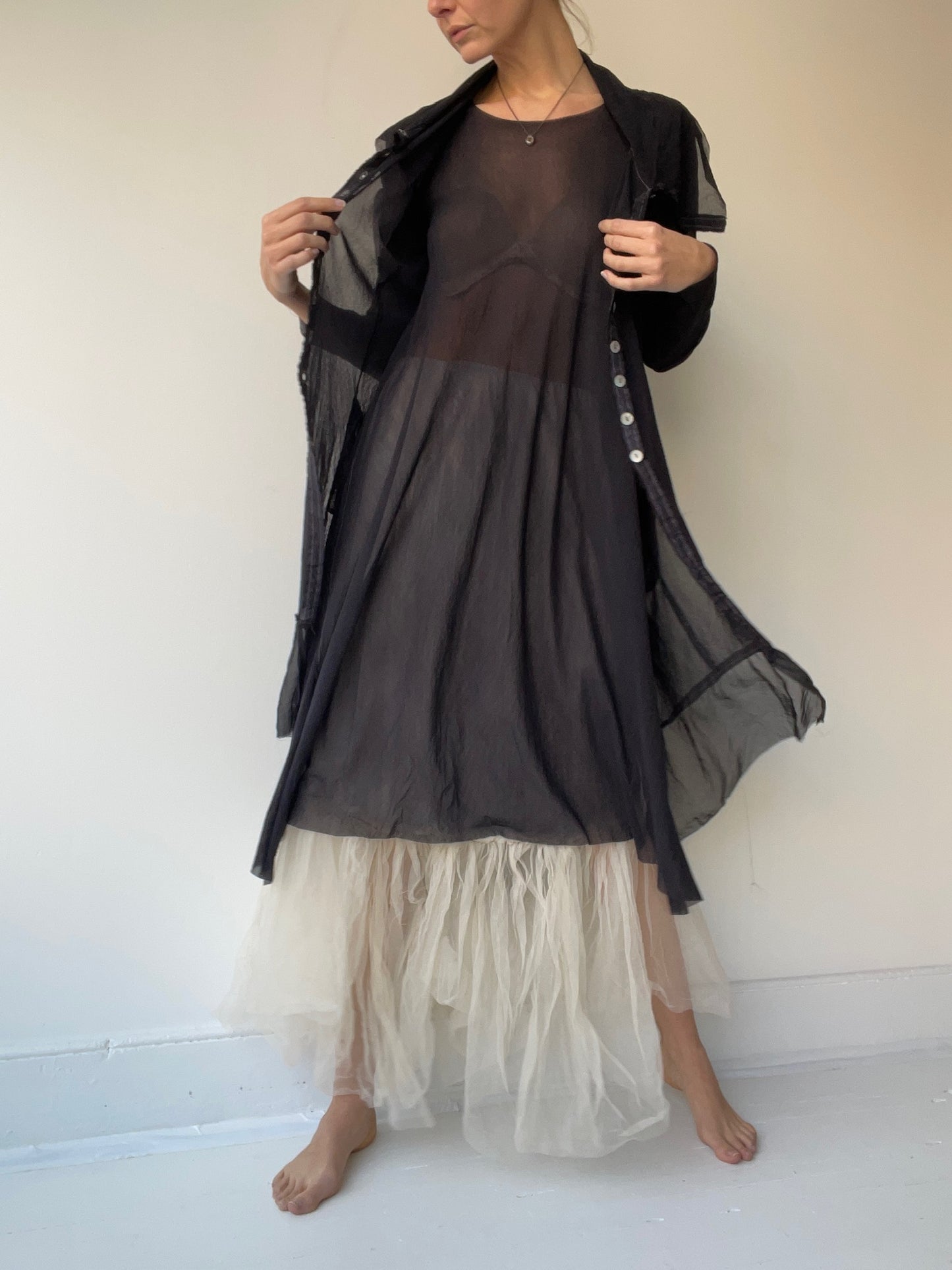 long mesh lace up duster
