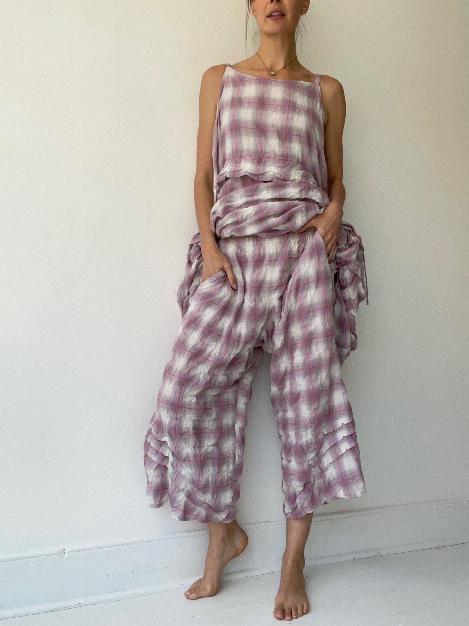 a krista larson plaid basic detail pants with 100% embroidered plaid cotton