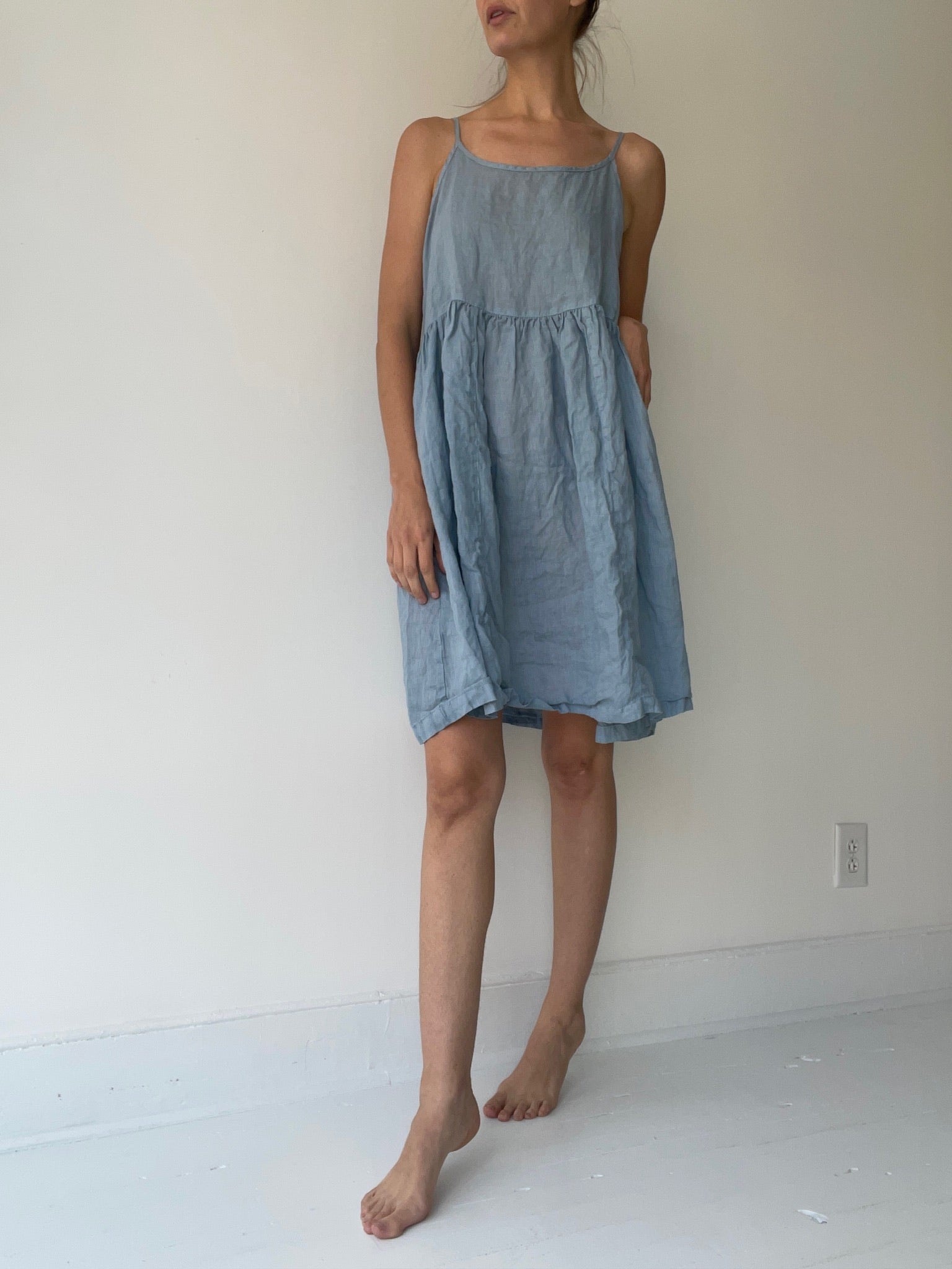 a preloved blue linen dress by cp shades size small light blue