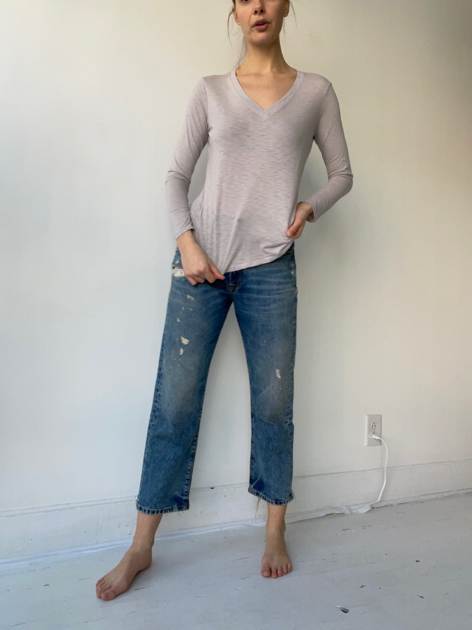 an it is well grey long sleeve v-neck tee top