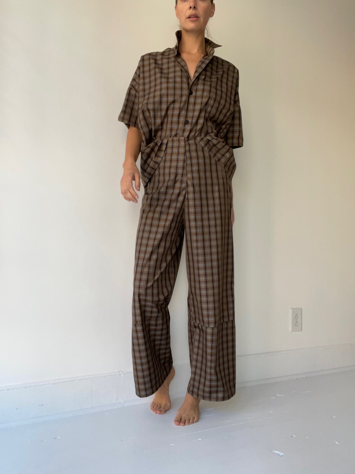 a shosh collared shirt in brown plaid