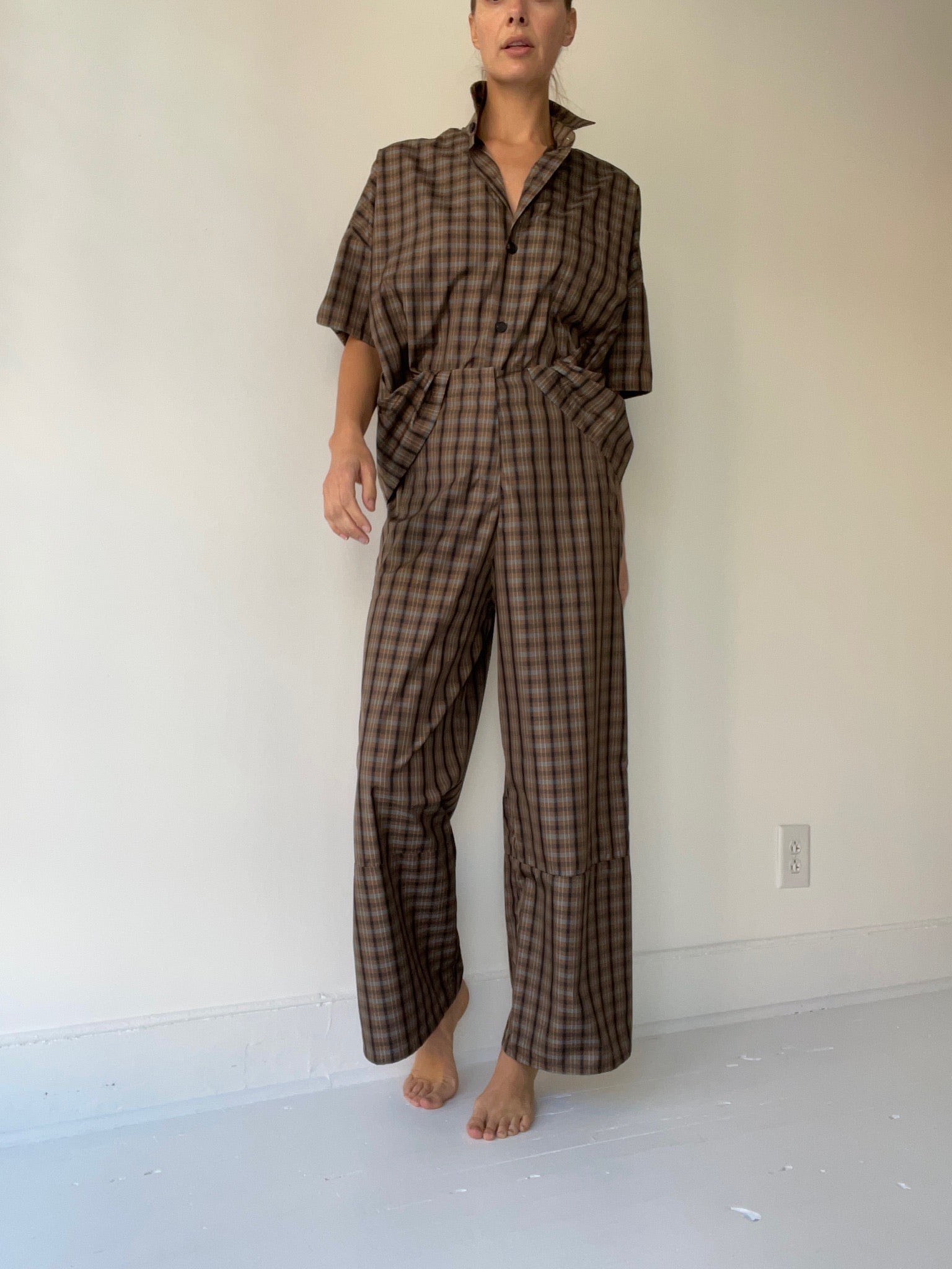 a shosh collared shirt in brown plaid